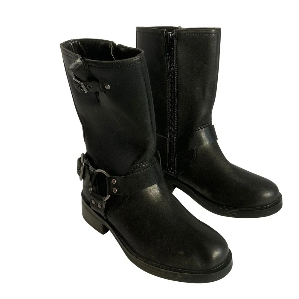 Steve Madden Beckky Black Faux Leather Buckle Moto Biker Boots Size 1‎